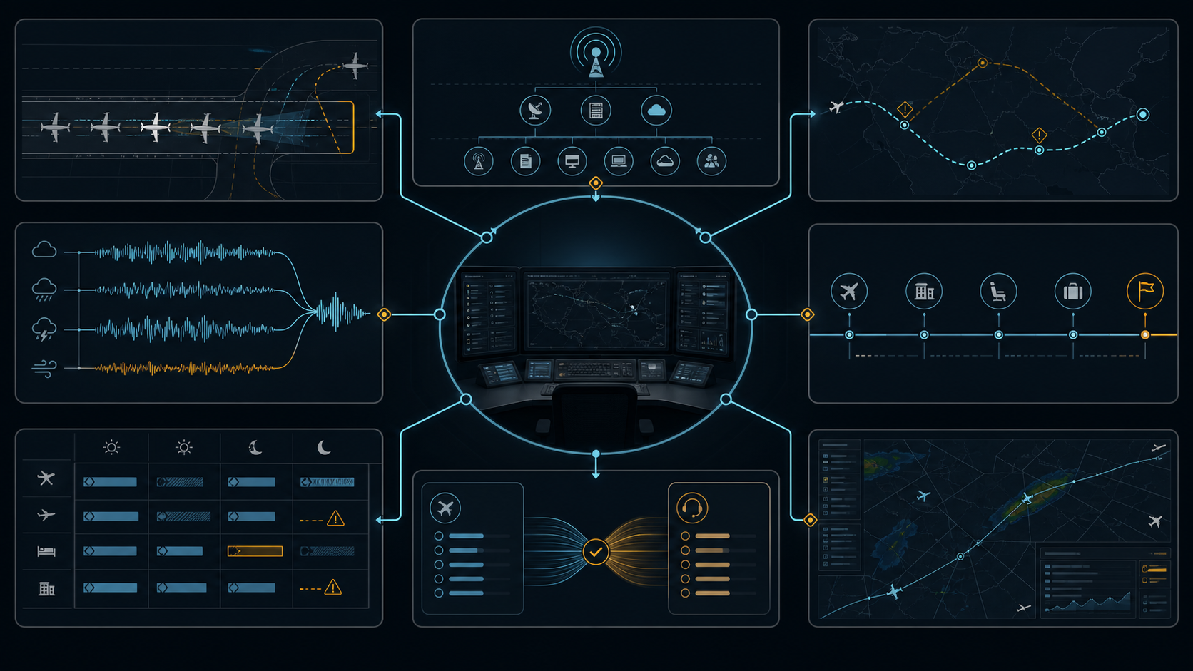Illustrative connected aviation operations ecosystem with eight decision-support modules around a shared operational core